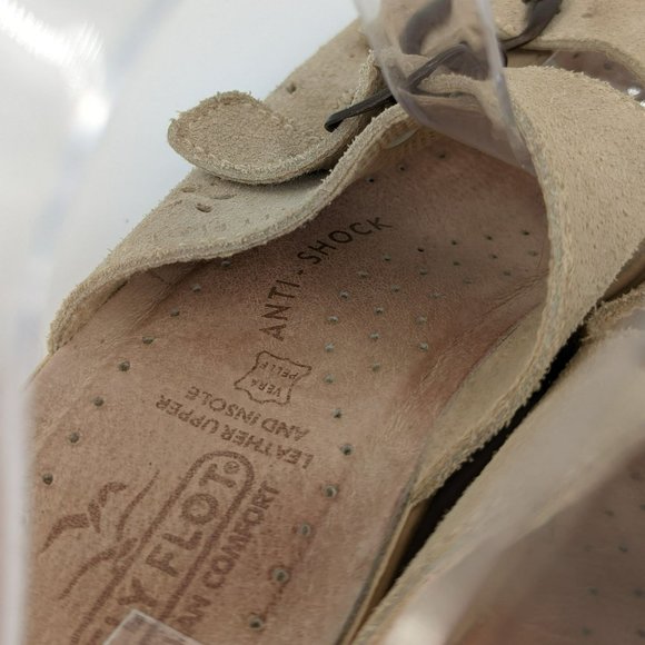 Fly Flot Slides 37 5.5 Tan Leather Two Strap Buckle Open Toe Italy Made Comfort - Picture 8 of 14